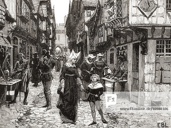 Eine Londoner Straße im 15. Jahrhundert. Aus der Jahrhundertausgabe von Cassell's History of England  veröffentlicht 1901.