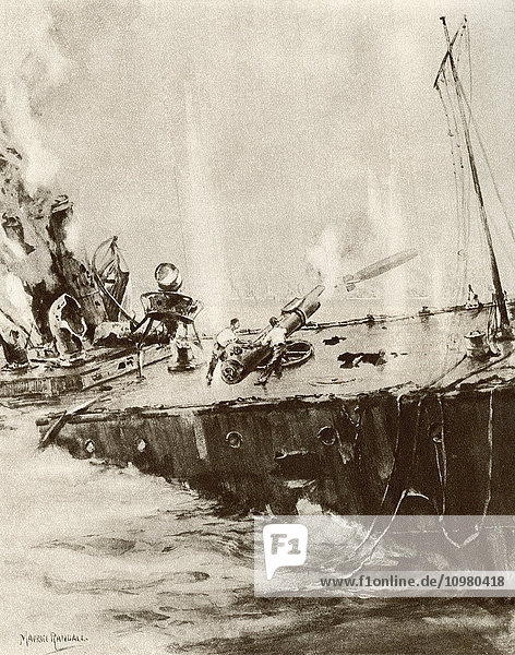 HMS Shark. 1912 gebauter Zerstörer der Acasta-Klasse  der am Abend des 31. Mai 1916 in der Schlacht von Jütland versenkt wurde. Aus The Story of 25 Eventful Years in Pictures  veröffentlicht 1935
