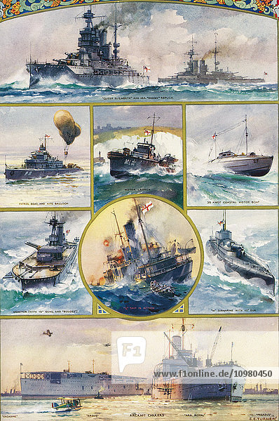 Typen britischer Kriegsschiffe  die durch den Ersten Weltkrieg entstanden sind. Von oben  von links nach rechts. Queen Elizabeth und ihre Attrappe  Patrouillenboot und Drachenballon  Motorboot  35-Knoten-Küstenmotorboot  Monitor mit 15'' Kanonen und Bulges  ''Q'' Schiff in Aktion  ''M'' U-Boot mit 12'' Kanone  Engadine  Argus  Flugzeugträger  Ark Royal  Pegasus. Aus The Illustrated London News  Silver Jubilee Record Number  1910 - 1935'