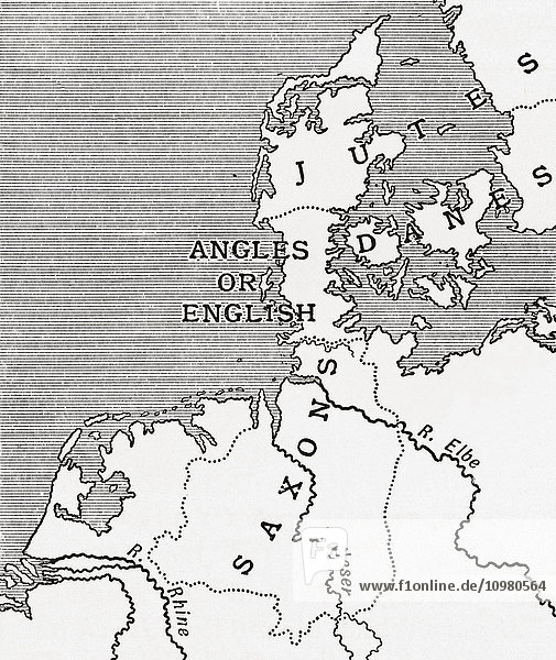Karte mit den alten Wohnsitzen der Engländer im 5. Jahrhundert. Aus A First Book of British History  veröffentlicht 1925.