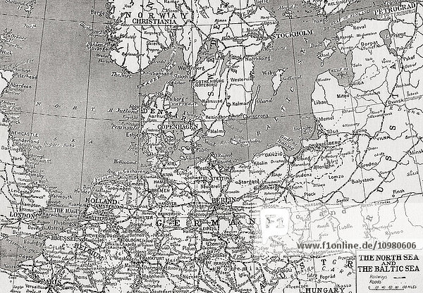 Die Karte zeigt die Nord- und Ostsee zur Zeit des Ersten Weltkriegs. Aus The War Illustrated Album Deluxe  veröffentlicht 1915.