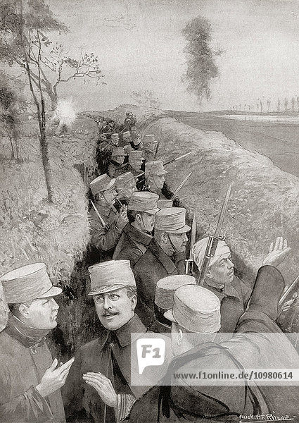 Der belgische König mit seinen Soldaten im Ersten Weltkrieg im Schützengraben. Albert I.  1875 - 1934. König der Belgier. Aus The War Illustrated Album Deluxe  veröffentlicht 1915.