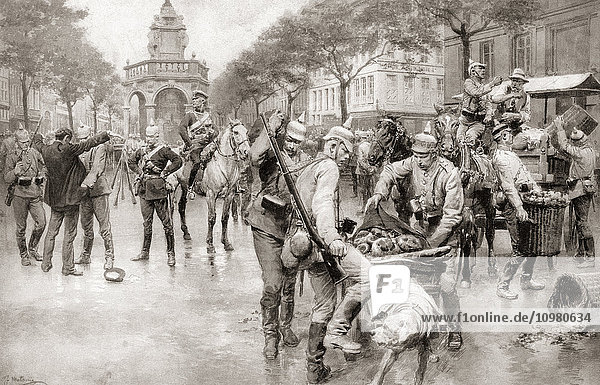 Deutsche Truppen beschlagnahmen das dringend benötigte Brot auf dem Place du Marché in Lüttich  Belgien  nachdem sie die Stadt im August 1914 während des Ersten Weltkriegs besetzt hatten. Hunde wurden für den Straßentransport eingesetzt und sind hier beim Ziehen von Vorräten zu sehen. Aus The War Illustrated Album Deluxe  veröffentlicht 1915.
