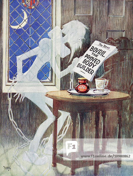 Werbung für Bovril The Body Builder. Geist: Wenn ich nur einen Körper hätte  in den ich es stecken könnte. Aus The London Illustrated News  Weihnachtsausgabe  1933.