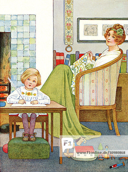 Illustration zu dem Gedicht His Book aus dem Buch Childhood von Millicent und Githa Sowerby  veröffentlicht 1907