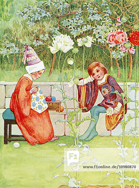 Illustration zu dem Gedicht Love Story aus dem Buch Childhood von Millicent und Githa Sowerby  veröffentlicht 1907
