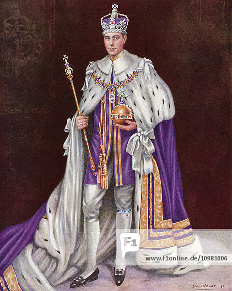 Der inthronisierte und gekrönte König. George VI  Albert Frederick Arthur George  1895 bis 1952. Aus dem Krönungs-Souvenirbuch  veröffentlicht 1937.