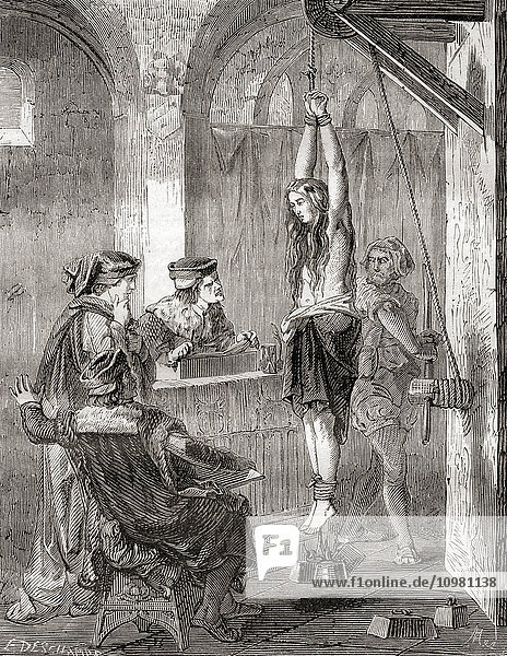 Die Folterung einer Frau  die der Hexerei beschuldigt wurde  während des Mittelalters. Aus Les Merveilles de la Science  veröffentlicht um 1870