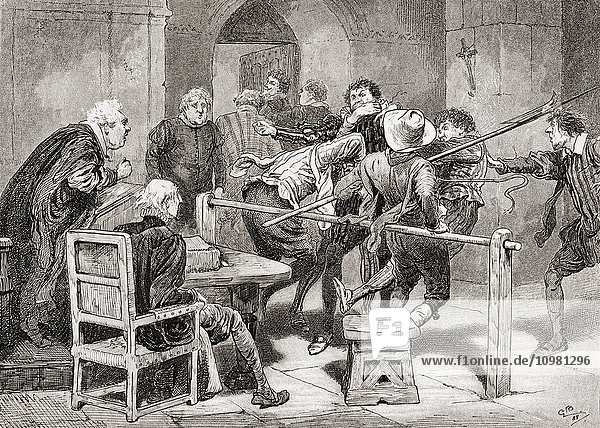 'A scene from William Shakespeare's play Much Ado About Nothing. Act IV scene 2. Dogberry: ''Dost thou not suspect my place? Dost thou not suspect my years?'' Illustration by Gordon Browne. From The Works of William Shakespeare published 1896.'