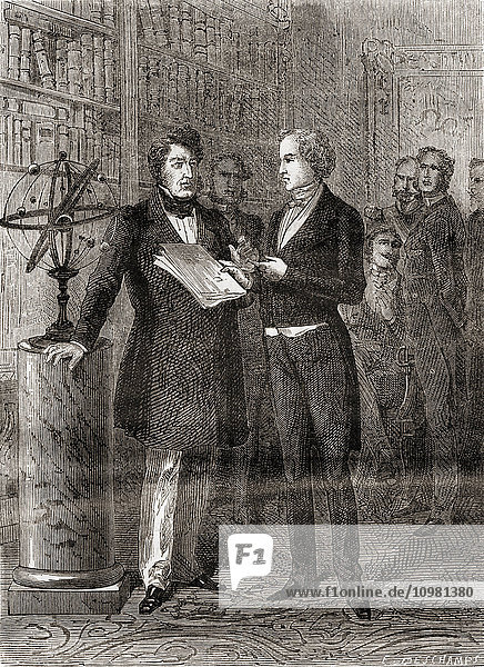 Urbain Jean Joseph Le Verrier right received by King Louis-Philippe left at The Tuileries Paris France after his discovery of the planet Neptune in 1846. Urbain Jean Joseph Le Verrier 1811 – 1877. French mathematician who specialized in celestial mechanics. From Les Merveilles de la Science published c. 1870