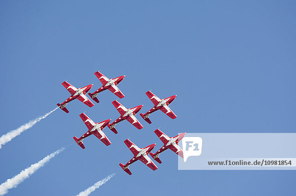 Sieben rote Militärflugzeuge fliegen in Formation vor blauem Himmel; Lethbridge  Alberta  Kanada'.