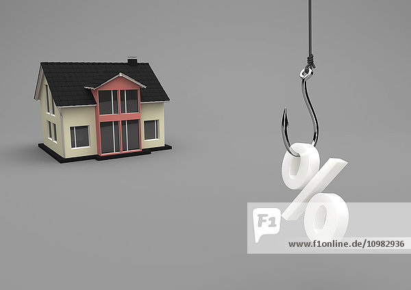 3D-Darstellung  Hausbau mit Angelhaken und Prozentzeichen