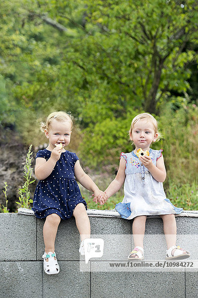 Porträt von zwei kleinen Schwestern  die Hand in Hand auf einer Wand sitzen und Gebäck essen.