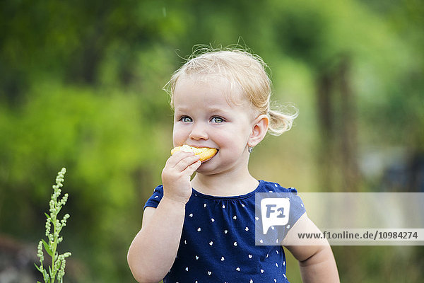 Portrait of little blond girl eating pastry