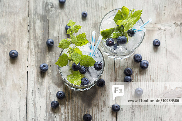 Fresh mineral water with blueberries  mint and ice