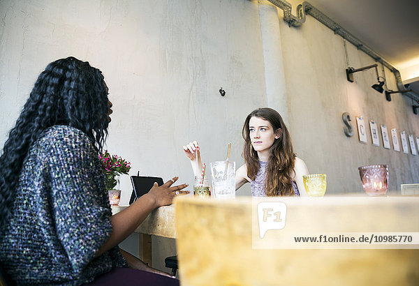 Two young women having a meeting in a cafe
