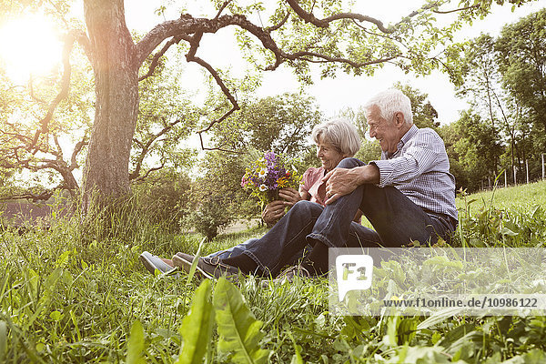 Glückliches Seniorenpaar mit Blumenstrauß auf der Wiese