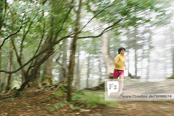 Young Japanese woman trail running at Mount Daibosatsu  Yamanashi Prefecture  Japan
