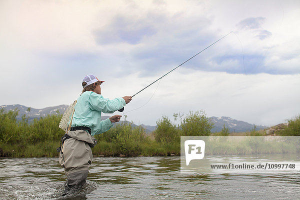 Colorado  Mid adult man wading and fishing in river