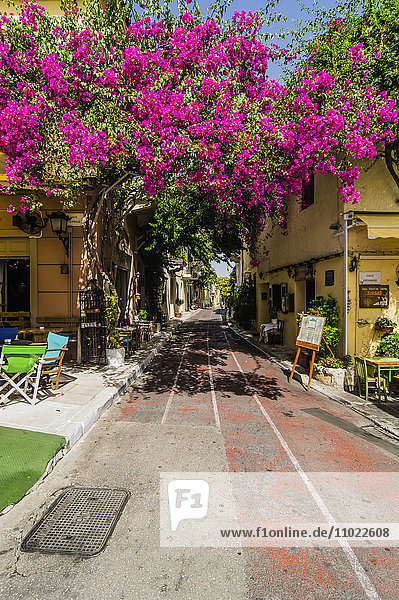 Greece  Athens  empty pavement cafe in Plaka district