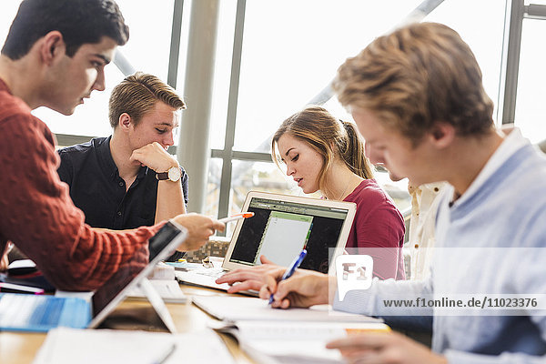 Young university students studying together at table