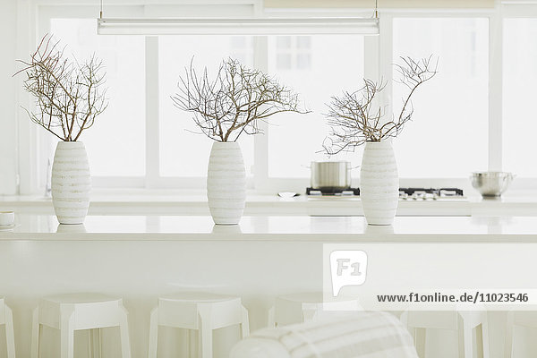 Modern white dining table with white vases and branches