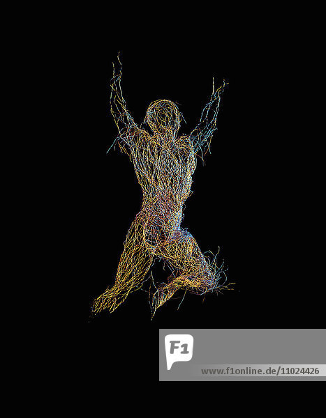 Tangled cables forming runner with arms raised in celebration