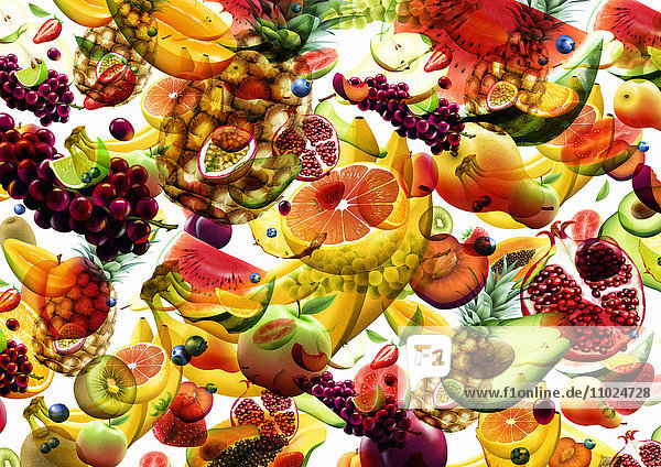 Viele verschiedene frische Früchte fallen herab