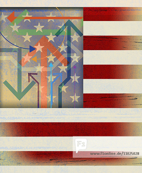 Pfeile zeigen in verschiedene Richtungen über amerikanischer Flagge