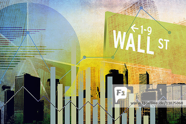 Wall Street-Schild und Diagramme über Finanzdistrikt