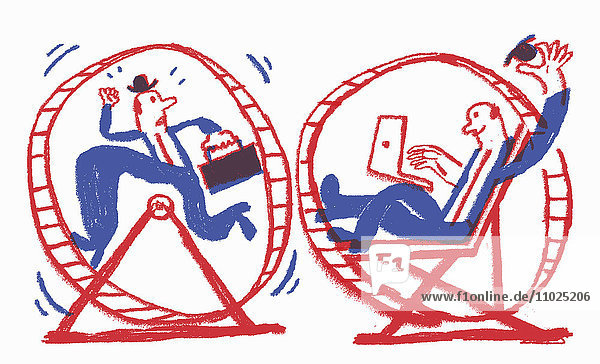 Gegensatz zwischen gestresstem Geschäftsmann im Hamsterrad und entspanntem Mann mit Laptop