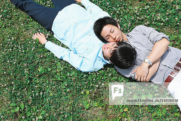 Junges japanisches männliches Paar liegt im Gras