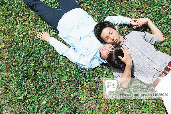 Junges japanisches männliches Paar liegt im Gras