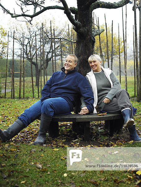 A couple sitting on a bench holding hands.