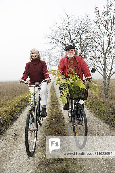 Ein altes Ehepaar fährt mit dem Fahrrad durch die Landschaft.