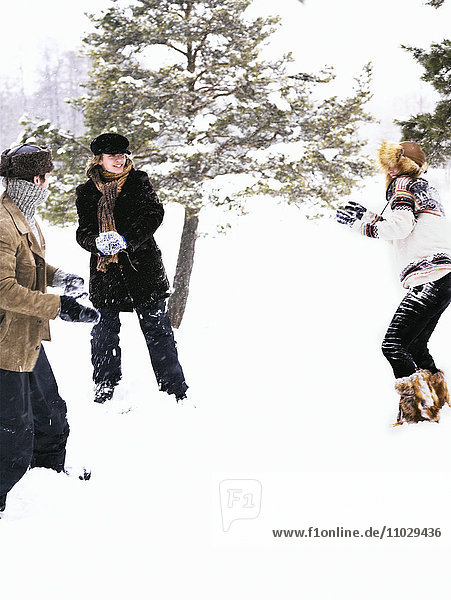 Three people in a snowball fight.
