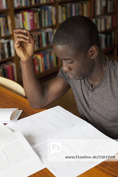 Porträt eines jungen Mannes  der in einer Bibliothek studiert