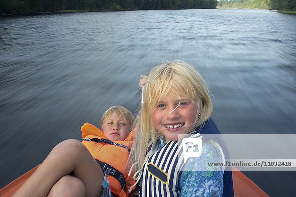 Children on boat  Siljan  Dalarna  Sweden