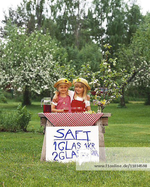 Zwei Mädchen verkaufen selbstgemachte Limonade in einem Garten.