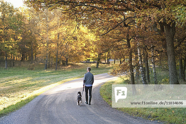 Mann geht mit Hund spazieren