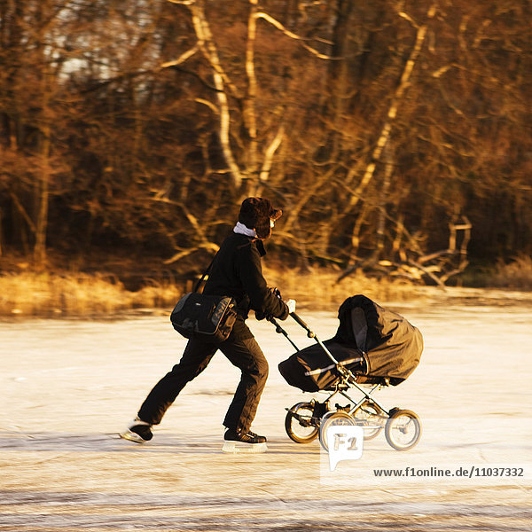 Father skating with a baby carriage  Sweden.
