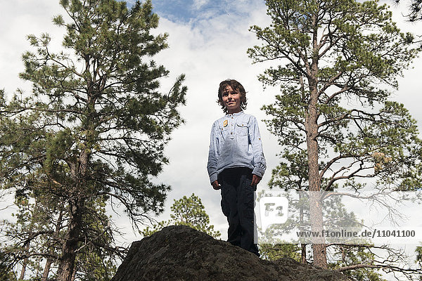 Junge auf großem Felsen im Wald stehend