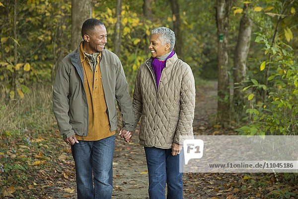 Älteres Paar hält sich an den Händen und geht im Wald spazieren