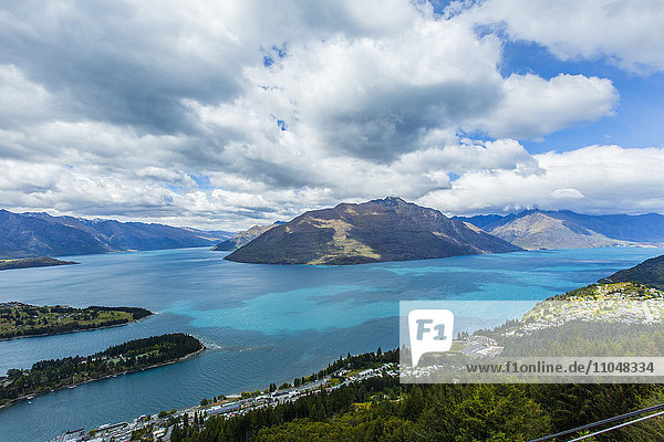 Forested islands in lake Queenstown Otago New Zealand