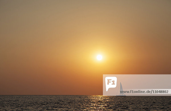 Segelboot segelt bei Sonnenuntergang am Meereshorizont