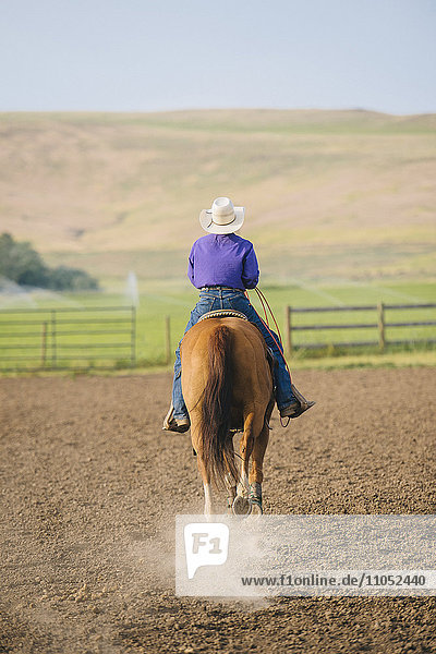Cowboy beim Reiten auf einer Ranch