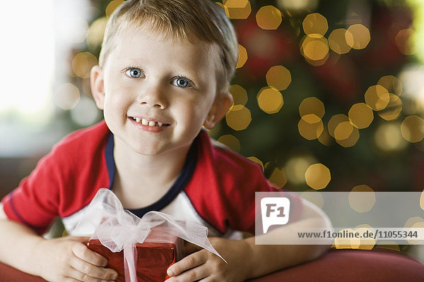 Ein kleiner Junge an einem Weihnachtsbaum  der ein Geschenk hält.