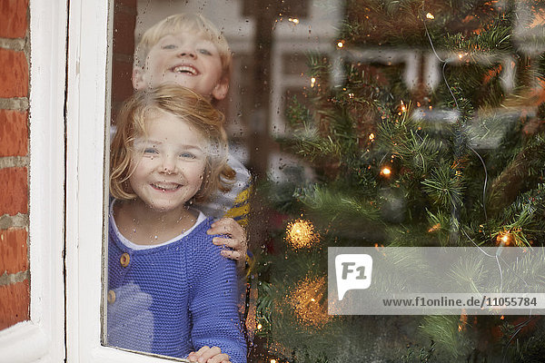 Zwei Kinder  ein Junge und ein Mädchen  schauen zu Hause neben einem Weihnachtsbaum aus dem Fenster.