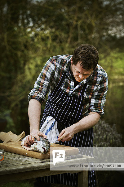 Chef standing at a table in a garden  filleting a fresh salmon.
