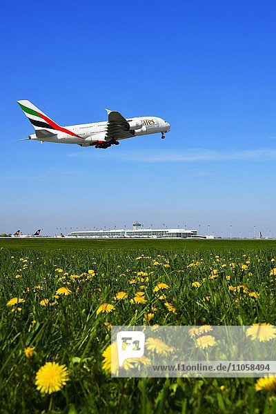 Emirates Airlines  Airbus A 380-800  beim Start  Flughafen München  Oberbayern  Bayern  Deutschland  Europa